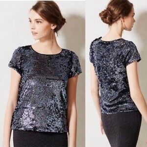 Anthropologie Leifsdottir Short Sleeve Sequin Bling Navy Grey Top Size PM